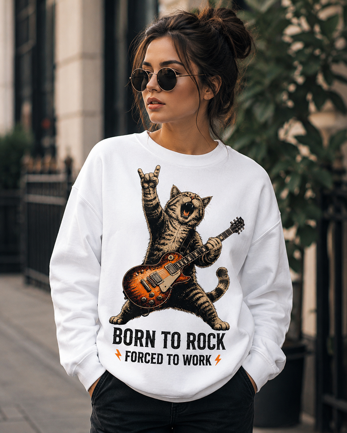 Born to Rock, Forced to Work Cat Graphic Sweatshirt | Unisex Sweatshirt
