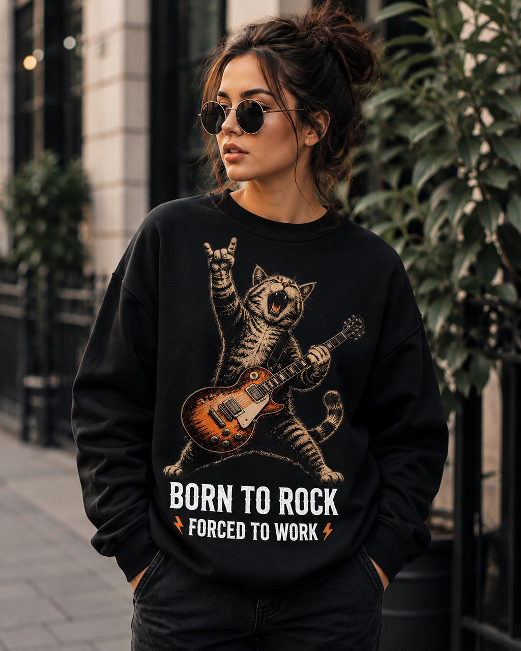 Born to Rock, Forced to Work Cat Graphic Sweatshirt | Unisex Sweatshirt