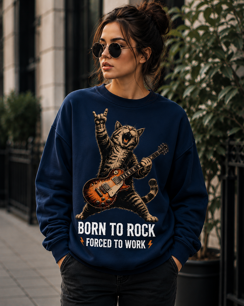 Born to Rock, Forced to Work Cat Graphic Sweatshirt | Unisex Sweatshirt