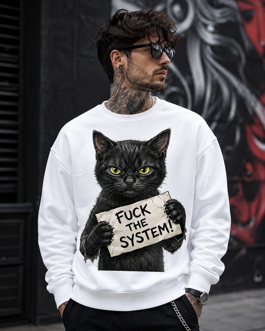 Fuck The System Rebel Cat Graphic Sweatshirt | Unisex Sweatshirt