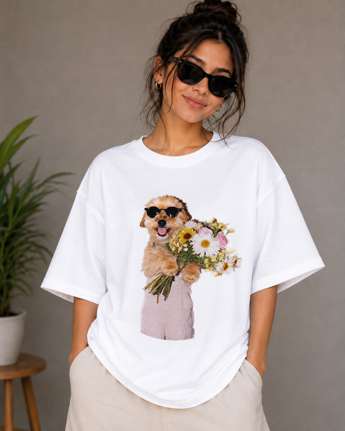 Flower Power Pup – Cute Dog Lover Unisex Oversized T-Shirt 🌼🐶