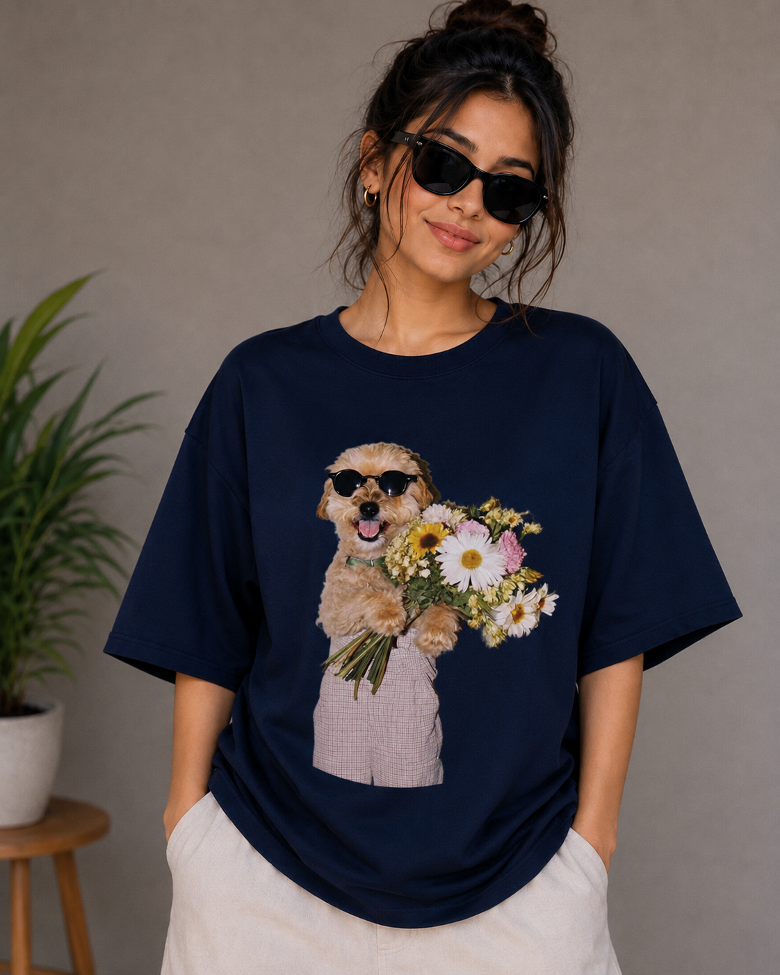 Flower Power Pup – Cute Dog Lover Unisex Oversized T-Shirt 🌼🐶