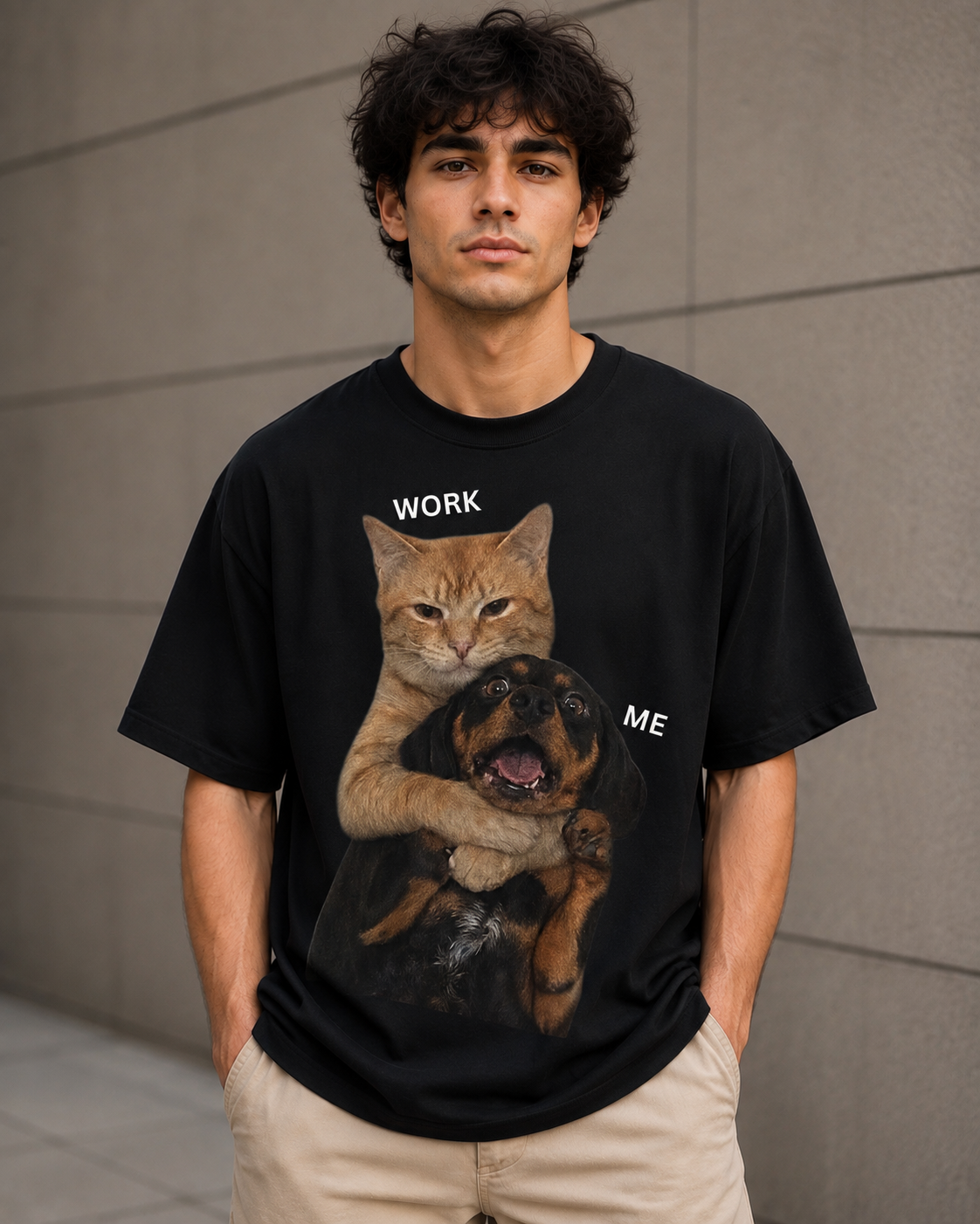 Work Me – Funny Cat & Dog Lover Unisex Oversized T-Shirt 🐱🐶😄