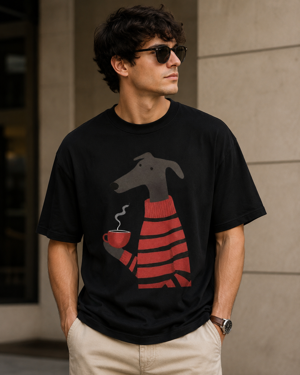 Coffee Hound – Cozy Dog Lover Unisex Oversized T-Shirt☕🐶🖤