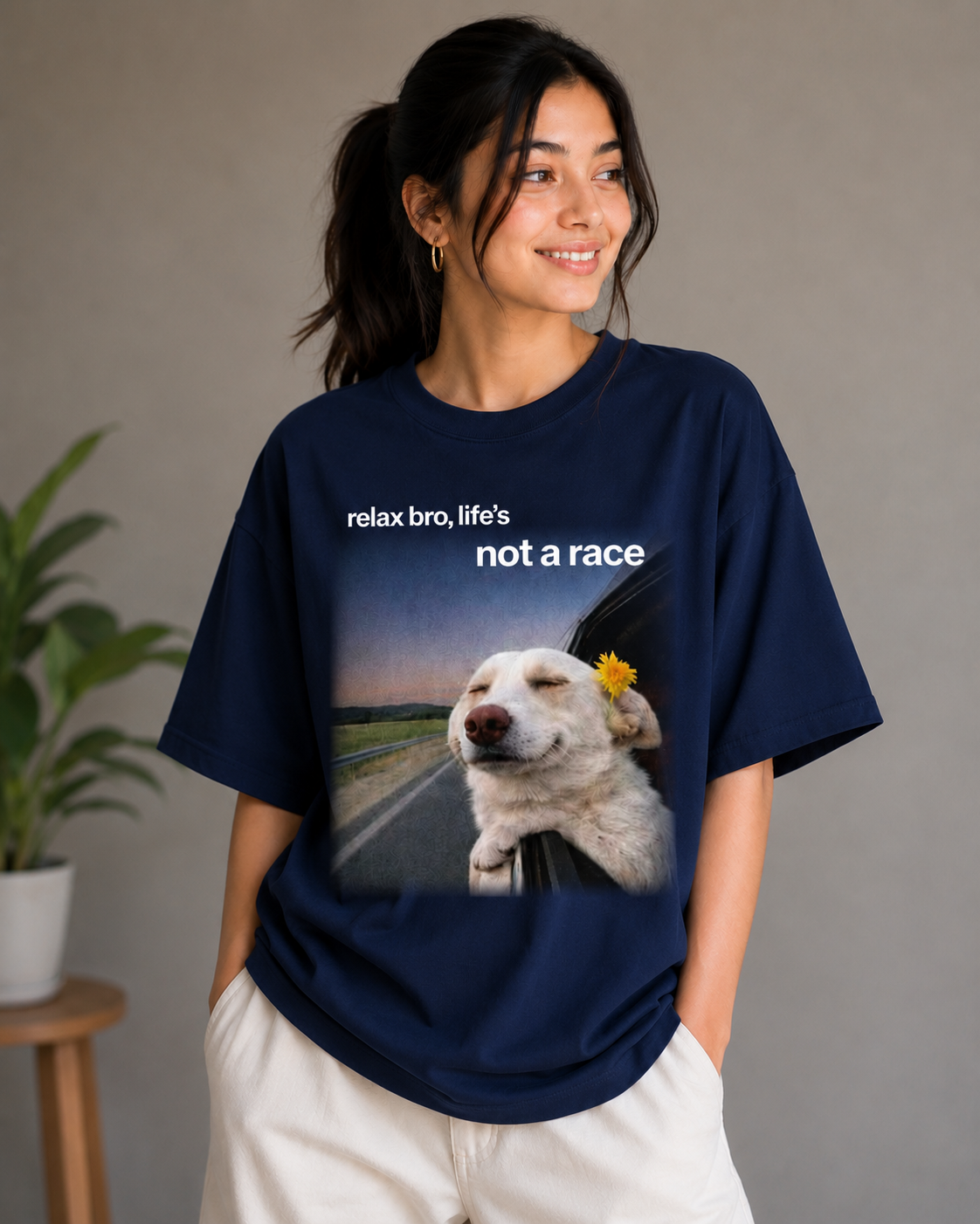 Relax Bro, Life’s Not a Race – Funny Chill Dog Lover Unisex Oversized T-Shirt 🐶🌼