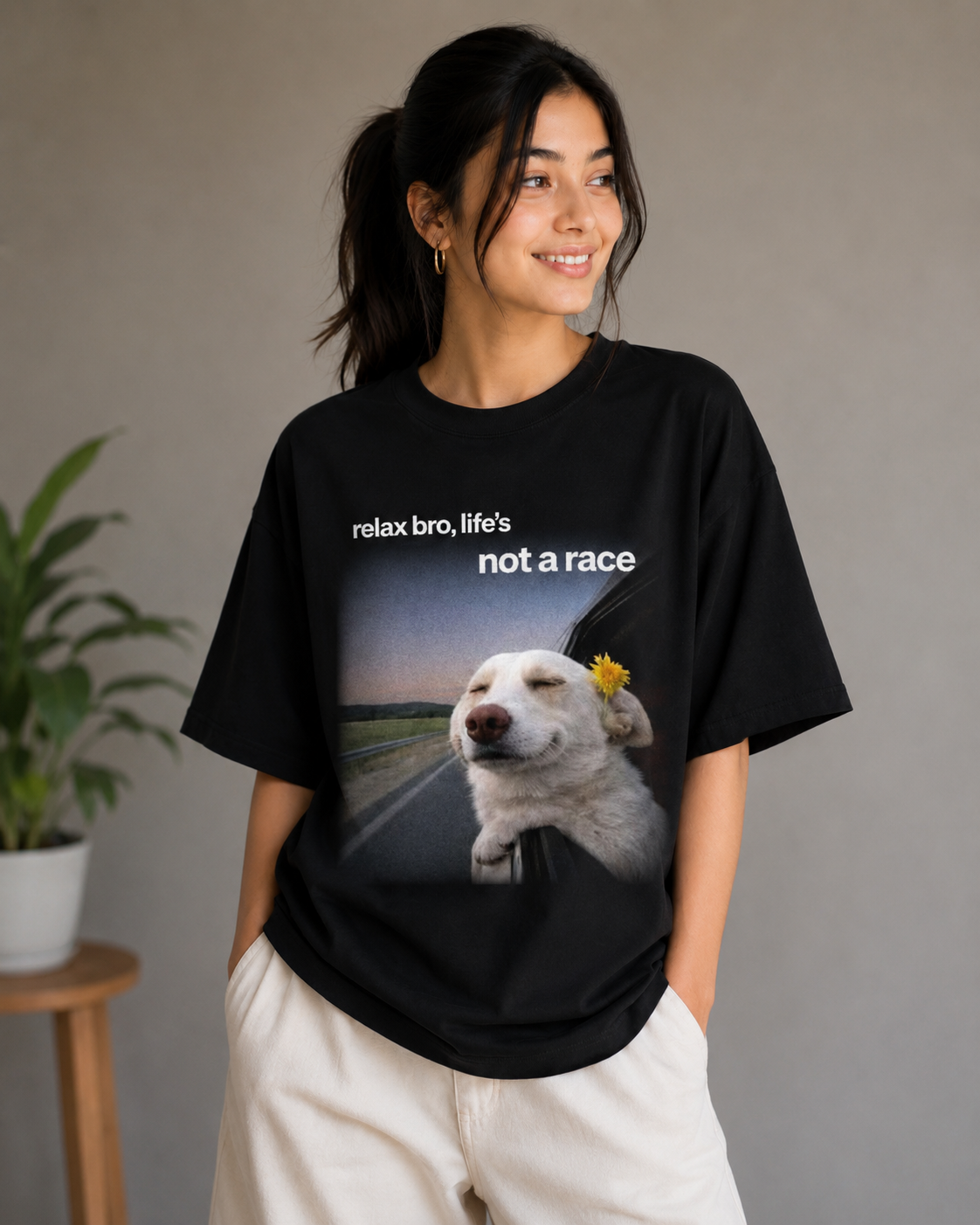 Relax Bro, Life’s Not a Race – Funny Chill Dog Lover Unisex Oversized T-Shirt 🐶🌼