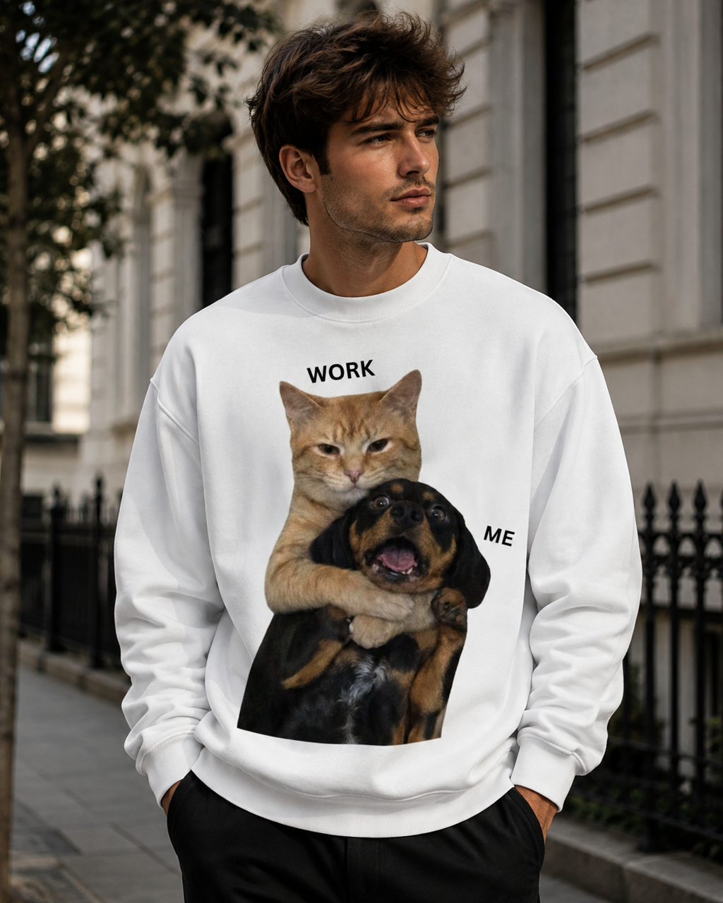 Work Meow, Play Woof – Funny Cat & Dog | Unisex Sweatshirt